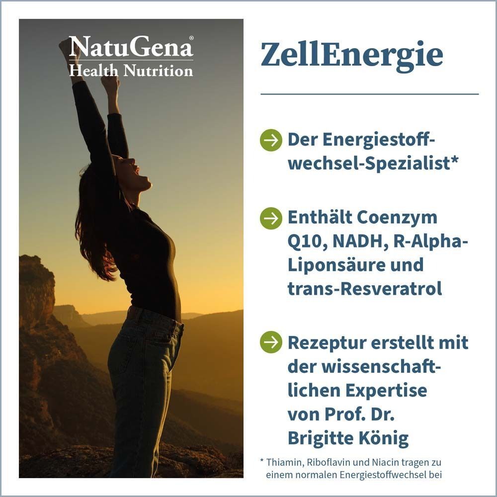 Frau mit erhobenen Armen vor Sonnenuntergang. Text: NatuGena ZellEnergie. Der Energiestoffwechsel-Spezialist. Enthält Coenzym Q10, NADH, R-Alpha-Liponsäure und trans-Resveratrol.