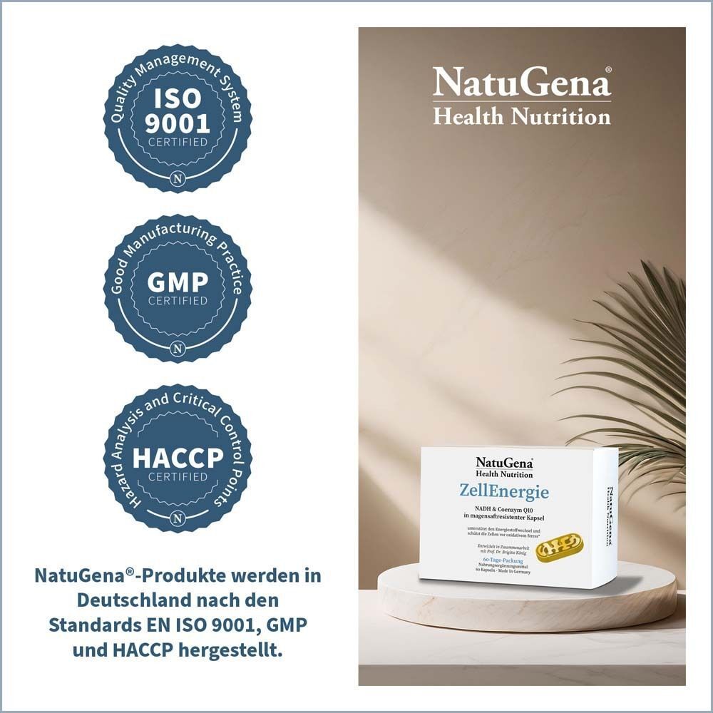 Zertifizierungen: ISO 9001, GMP, HACCP. Produktverpackung NatuGena ZellEnergie. Text: NatuGena-Produkte werden in Deutschland nach Standards hergestellt.