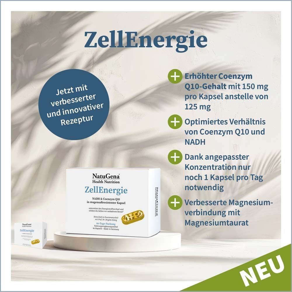 Produktverpackung NatuGena ZellEnergie. Text: Verbesserte Rezeptur. Erhöhter Coenzym Q10-Gehalt, optimiertes Verhältnis, nur 1 Kapsel pro Tag, verbesserte Magnesiumverbindung.