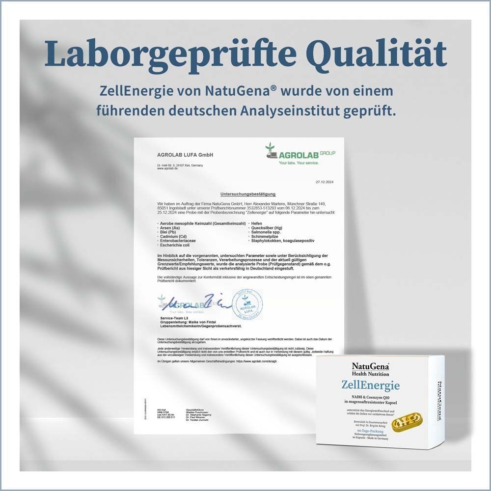 Zertifizierungsdokument von Agrolab LUFA. Produktverpackung NatuGena ZellEnergie. Text: Laborgeprüfte Qualität. ZellEnergie von NatuGena wurde geprüft.