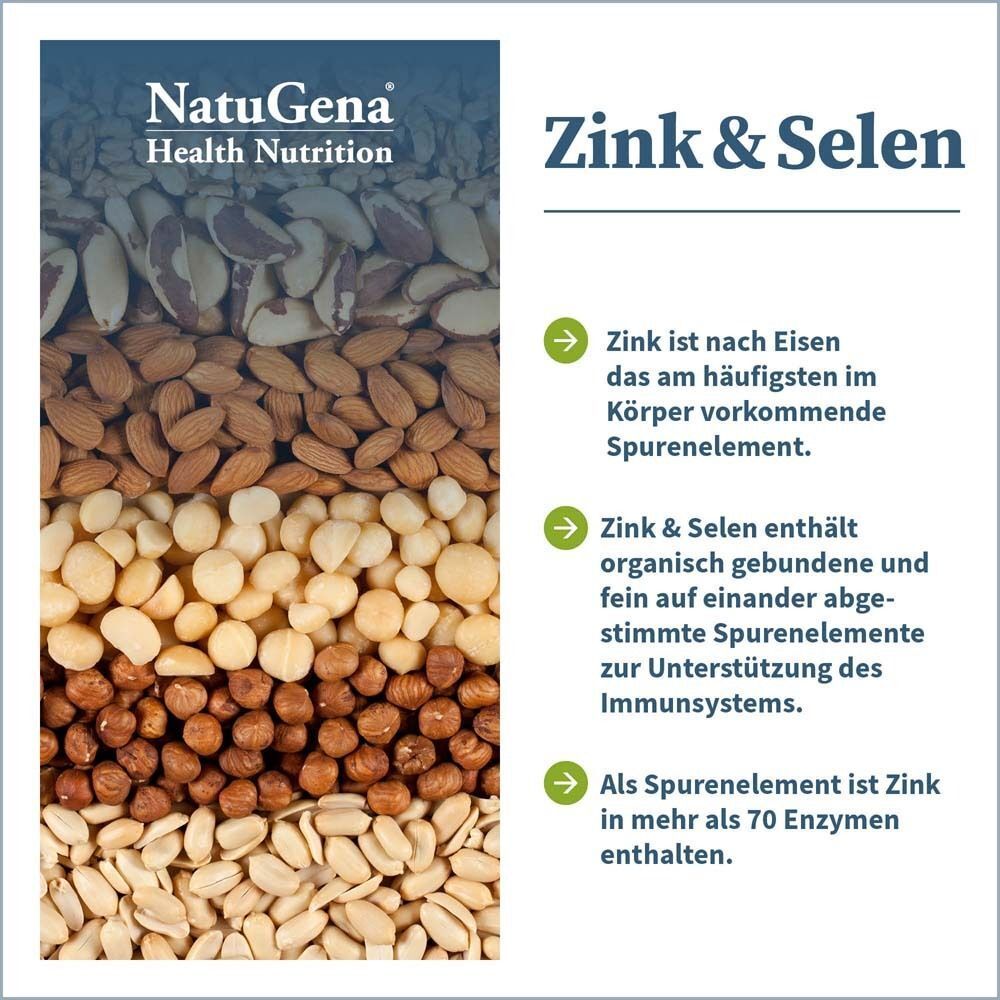 Infografik mit Nüssen und Samen. Text: Zink & Selen. Zink ist ein Spurenelement. Zink & Selen enthält Spurenelemente zur Unterstützung des Immunsystems.
