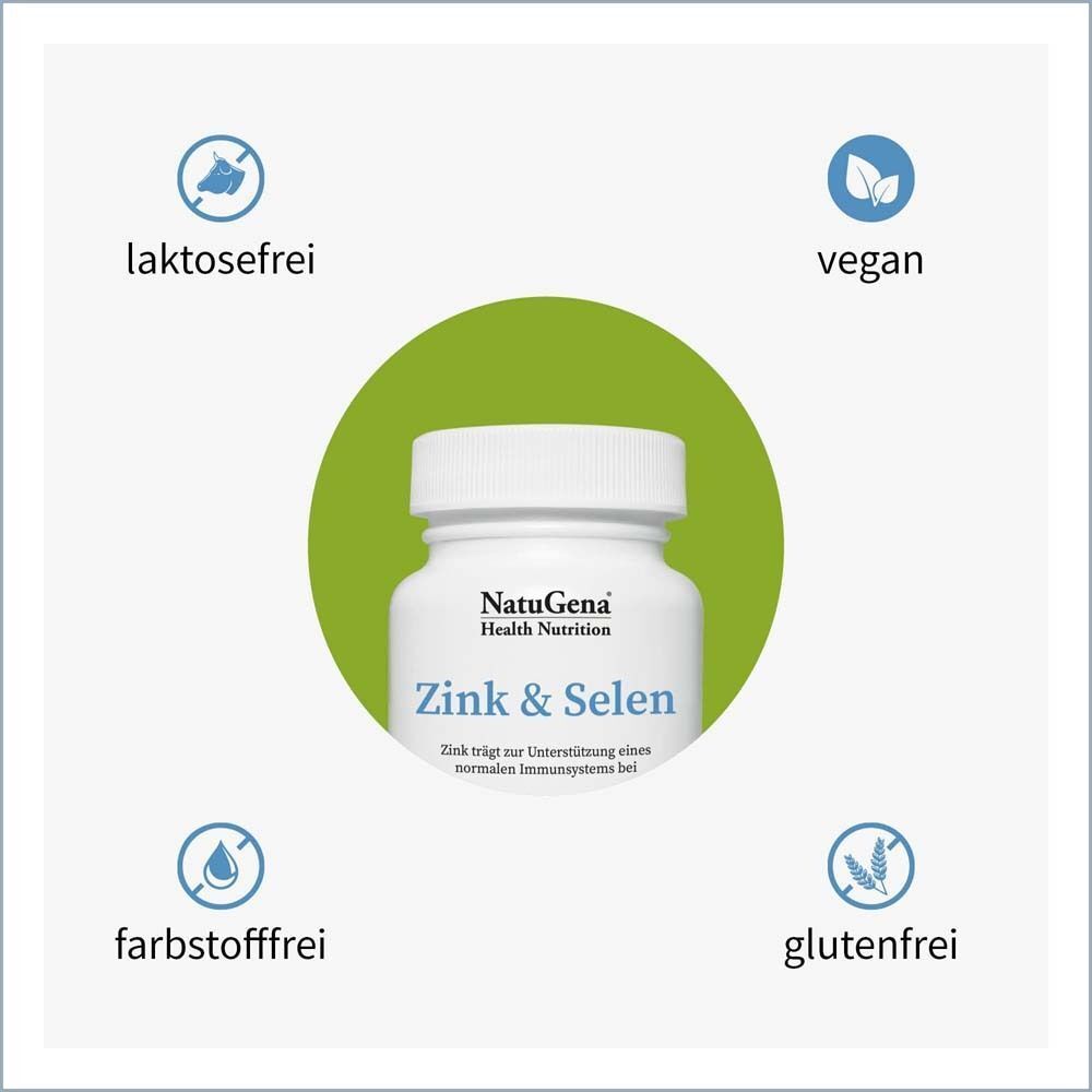 Weiße Flasche mit Zink & Selen. Logos: laktosefrei, vegan, farbstofffrei, glutenfrei. NatuGena Health Nutrition.