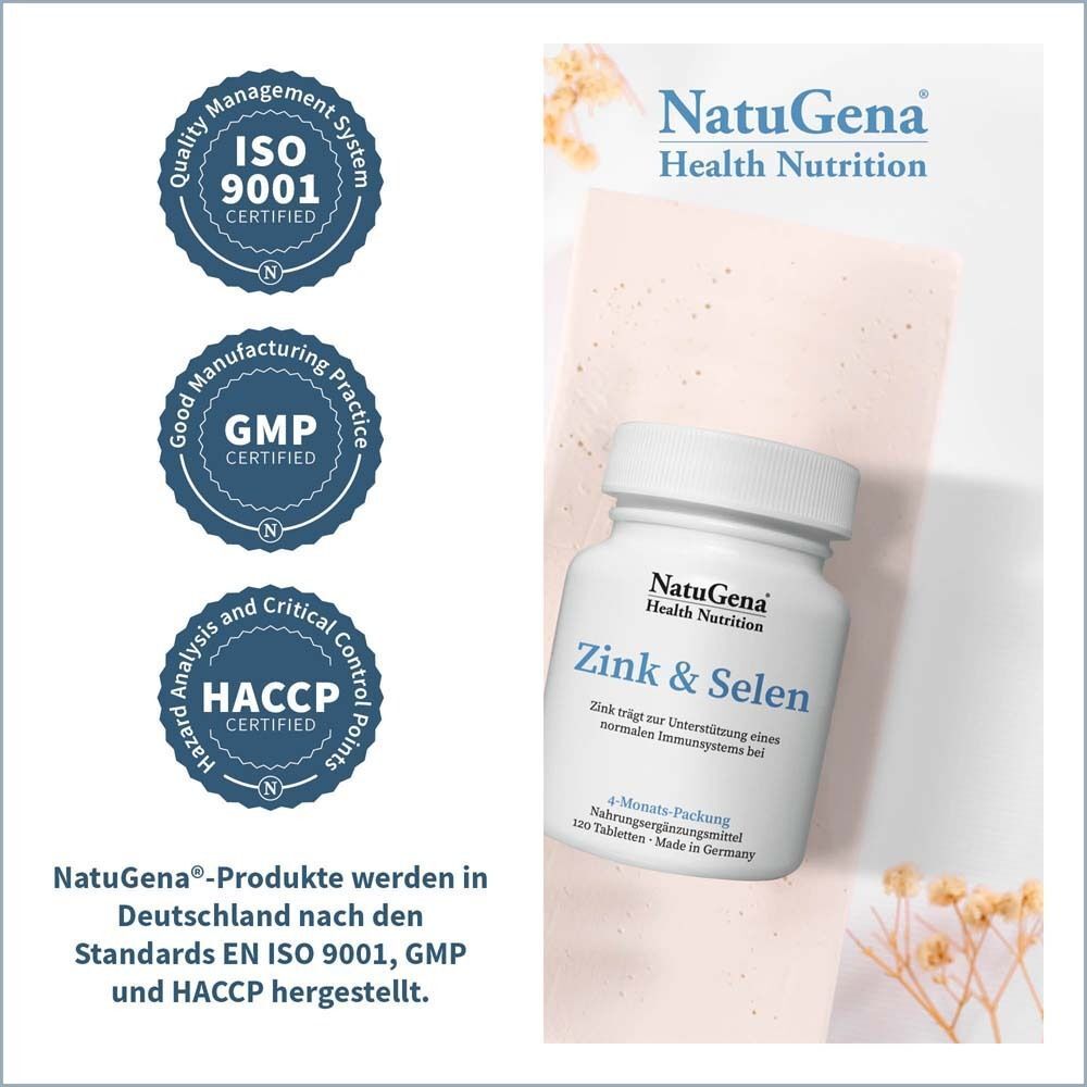 Flasche Zink & Selen neben Logos: ISO 9001, GMP, HACCP. Text: NatuGena-Produkte werden in Deutschland hergestellt.