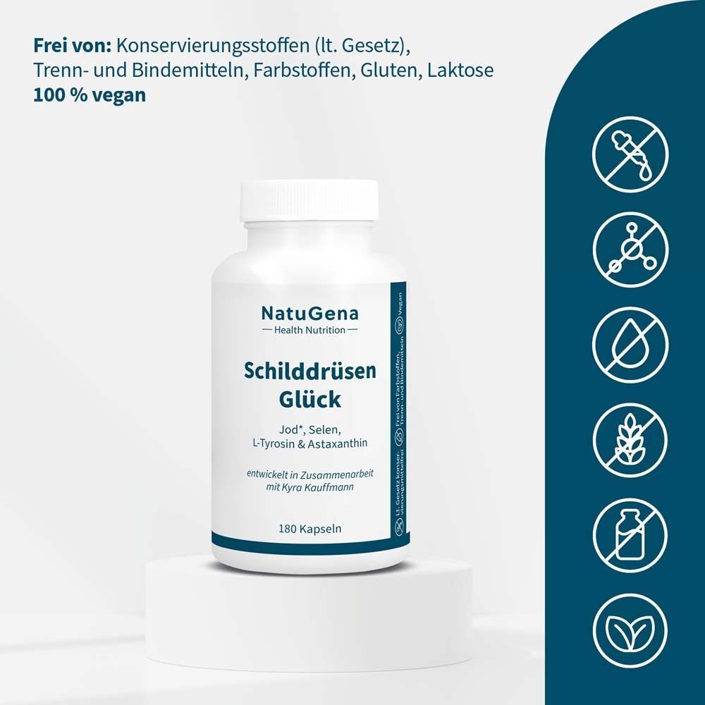Weiße Flasche NatuGena SchilddrüsenGlück Kapseln. Text: Jod, Selen, L-Tyrosin & Astaxanthin. 180 Kapseln. 100% vegan.
