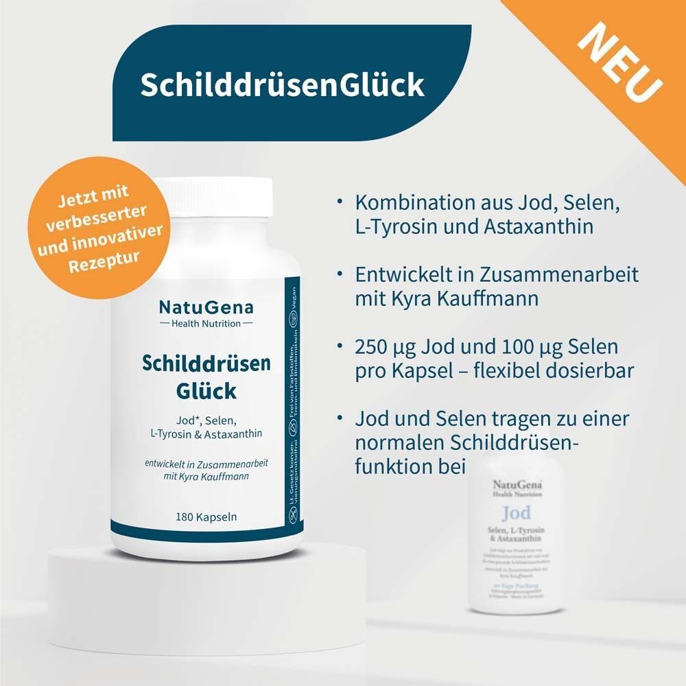 Flasche NatuGena SchilddrüsenGlück. Text: Jod, Selen, L-Tyrosin & Astaxanthin. 250 µg Jod und 100 µg Selen. 180 Kapseln.
