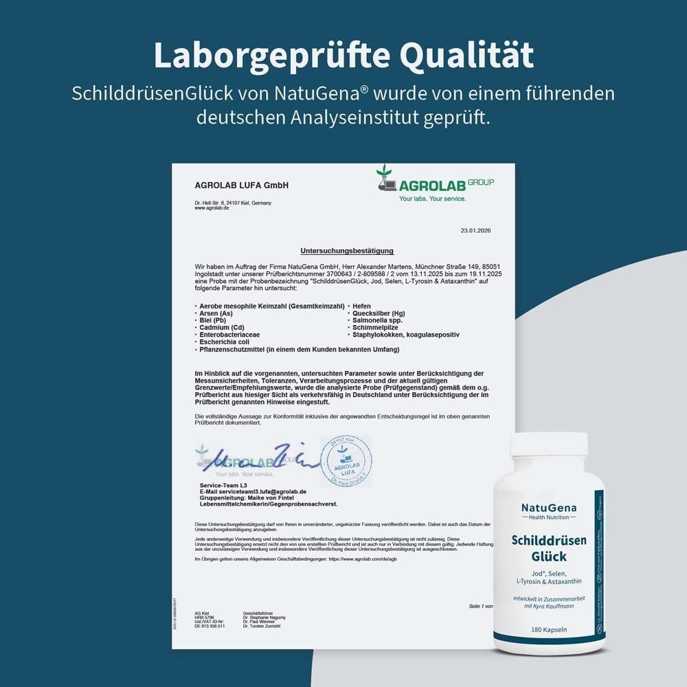 Laborgeprüfte Qualität. Zertifikat von Agrolab. Flasche NatuGena SchilddrüsenGlück. Text: Jod, Selen, L-Tyrosin & Astaxanthin. 180 Kapseln.