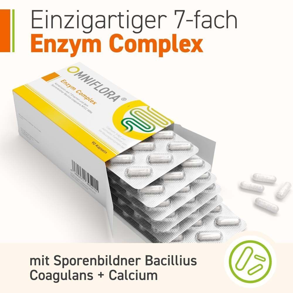 Geöffnete Packung OMNIFLORA® Enzym Complex mit Kapseln in Blistern. Aufschrift: Enzym Complex, Bacillus coagulans, 90 Kapseln.