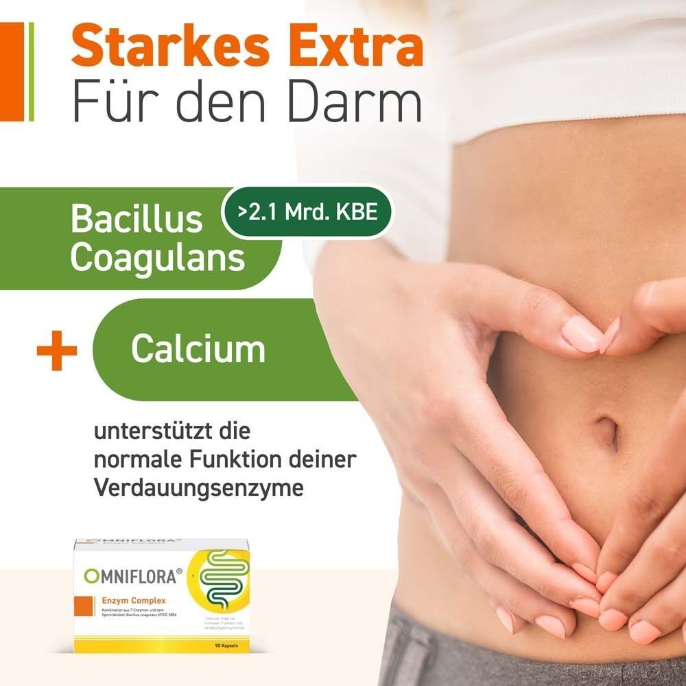 Hände umfassen den Bauch. Text: Bacillus Coagulans + Calcium. OMNIFLORA® Enzym Complex. Unterstützt die normale Funktion der Verdauungsenzyme.