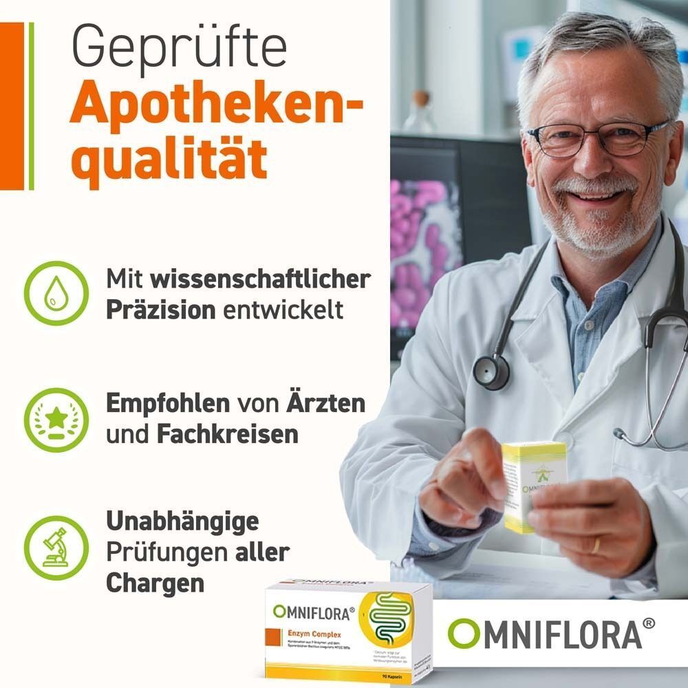 Arzt hält Packung OMNIFLORA® Enzym Complex. Text: Geprüfte Apothekenqualität. Mit wissenschaftlicher Präzision entwickelt. Empfohlen von Ärzten.