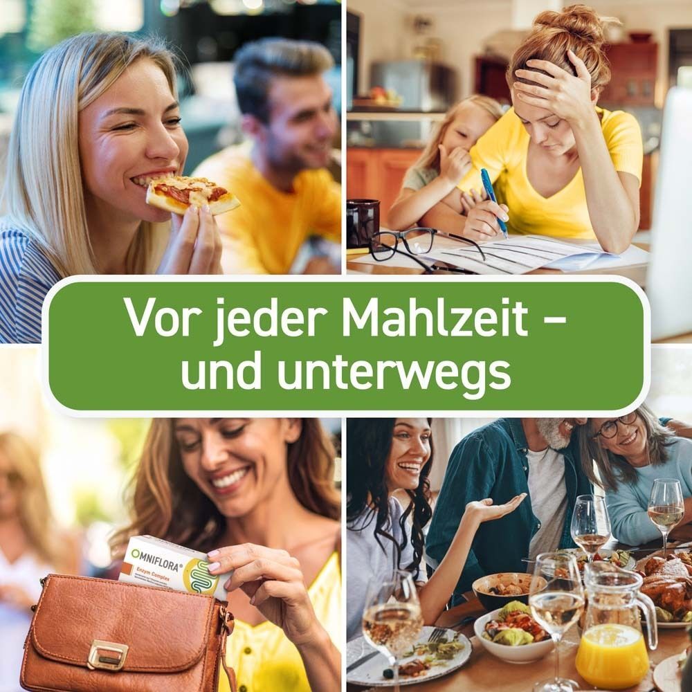 Collage von Menschen in verschiedenen Situationen. OMNIFLORA® Enzym Complex wird gezeigt. Text: Vor jeder Mahlzeit - und unterwegs.