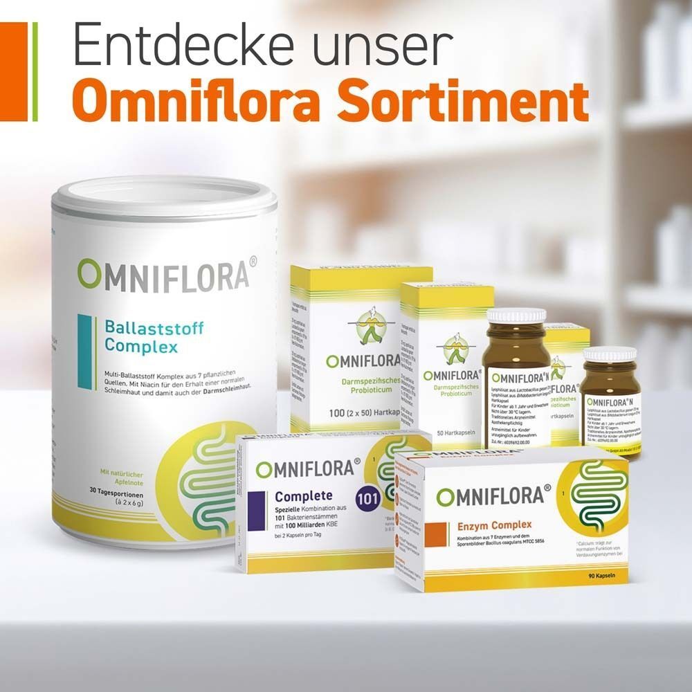 Verschiedene Produkte der Marke OMNIFLORA®. Darunter: Ballaststoff Complex, Enzym Complex, Complete, und weitere Produkte in Flaschen und Dosen.