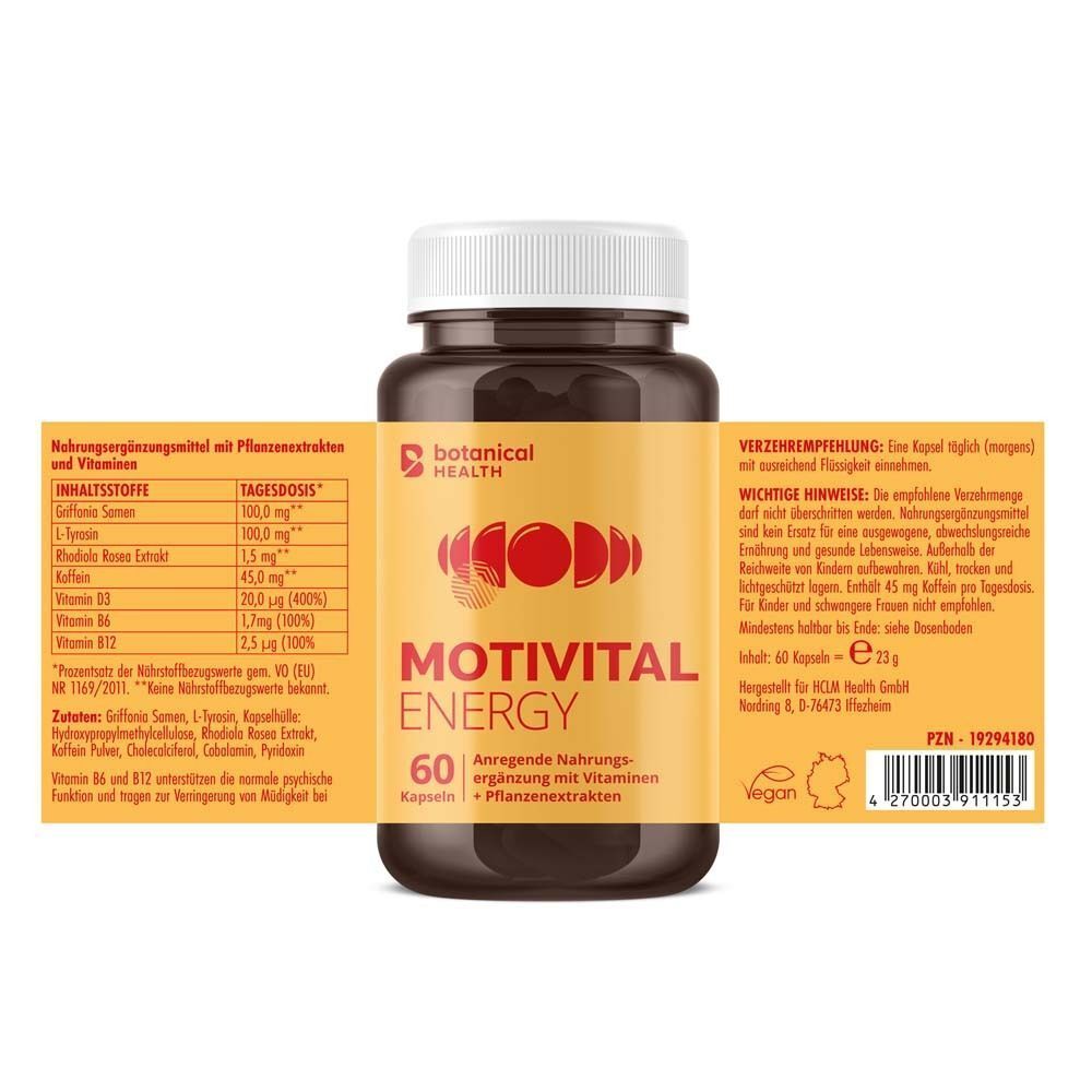 Braune Flasche mit Kapseln. Aufschrift: MOTIVITAL ENERGY, 60 Kapseln. Aufgeklapptes Etikett mit Inhaltsstoffen.