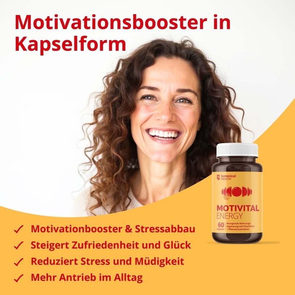 Frau lächelt. Neben ihr: Flasche mit Kapseln. Aufschrift: MOTIVITAL ENERGY, 60 Kapseln. Text: Motivationsbooster.