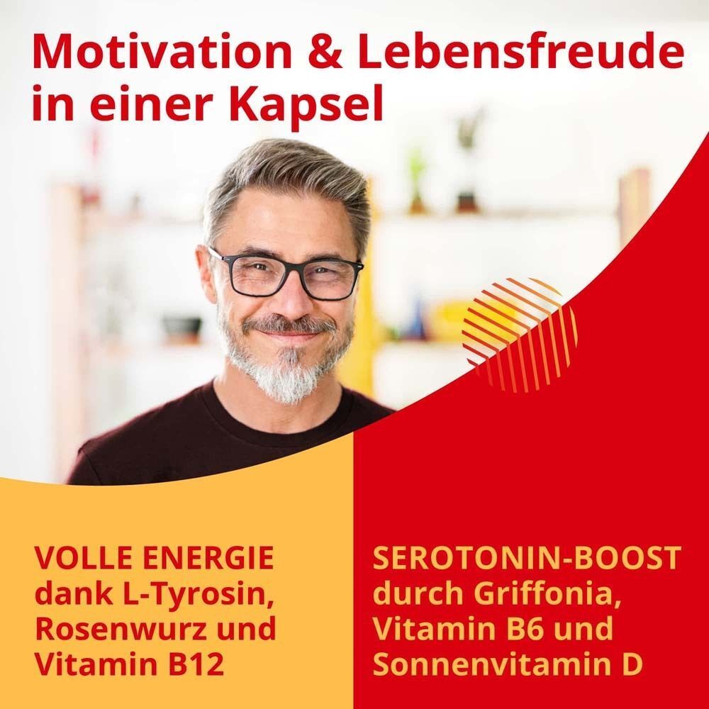 Mann mit Brille. Text: Volle Energie dank L-Tyrosin, Rosenwurz, Vitamin B12. Serotonin-Boost durch Griffonia, Vitamin B6, D.