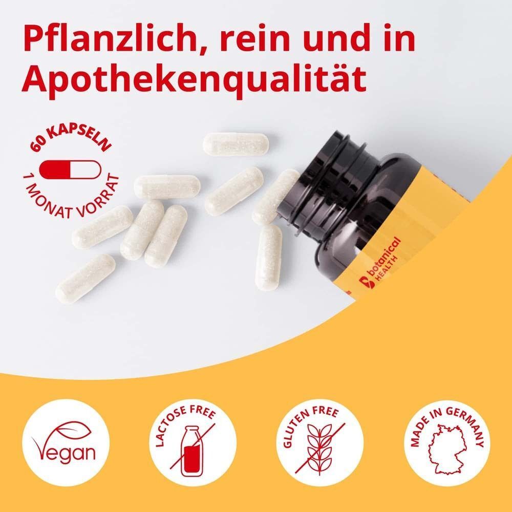 Kapseln, aus denen einige herausfallen. Text: Vegan, laktosefrei, glutenfrei, hergestellt in Deutschland. 60 Kapseln.
