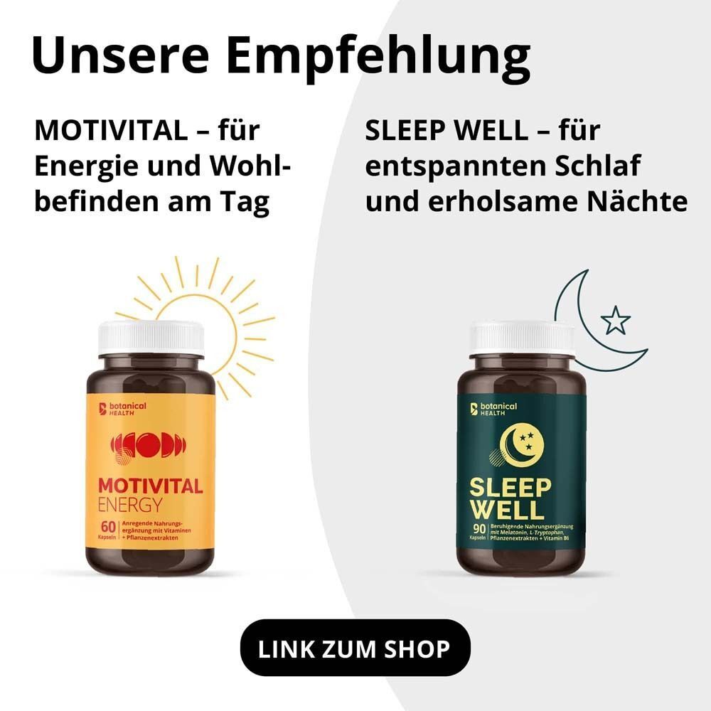 Zwei Flaschen. Links: MOTIVITAL ENERGY, 60 Kapseln. Rechts: SLEEP WELL, 90 Kapseln. Link zum Shop.