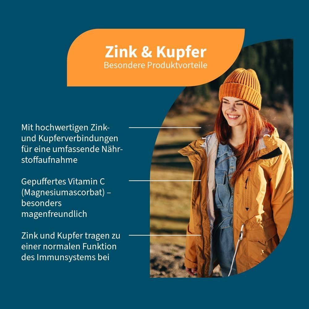 Grafik mit Frau. Text: Zink & Kupfer, Vorteile. Zink- und Kupferverbindungen, gepuffertes Vitamin C.
