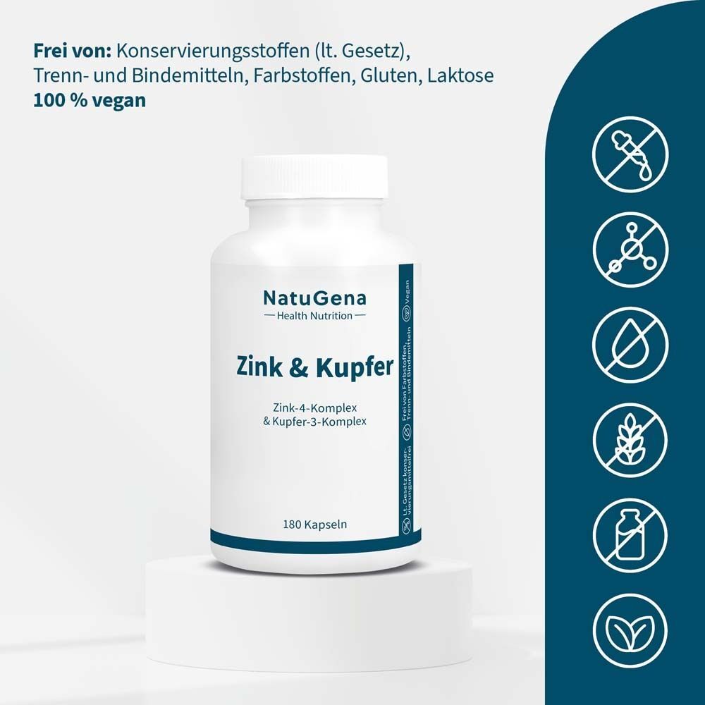 Weiße Flasche mit Kapseln. Aufschrift: NatuGena, Zink & Kupfer, 180 Kapseln. Vegan-Siegel. Frei von Zusatzstoffen.