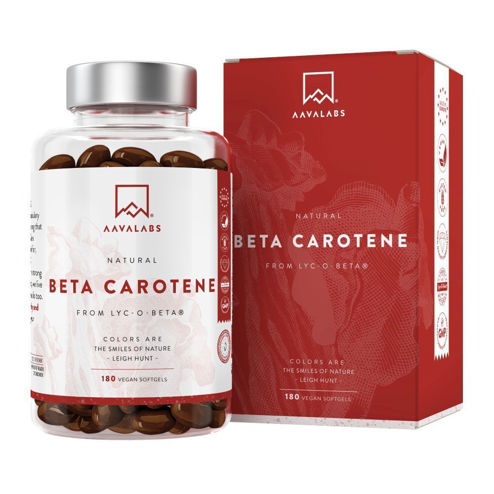 Flasche AAVALABS Beta Carotin und Verpackung. Rote Verpackung mit Produktinformationen. Braune Kapseln.