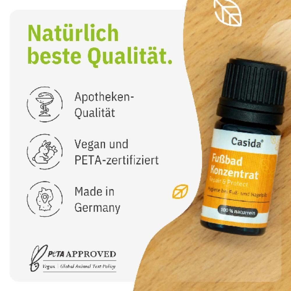 Flasche FUSSBAD Konzentrat. Marke: Casida. Aufschrift: Repair & Protect, 100% naturrein. Logos: Apotheken-Qualität, Vegan, PETA-zertifiziert, Made in Germany.