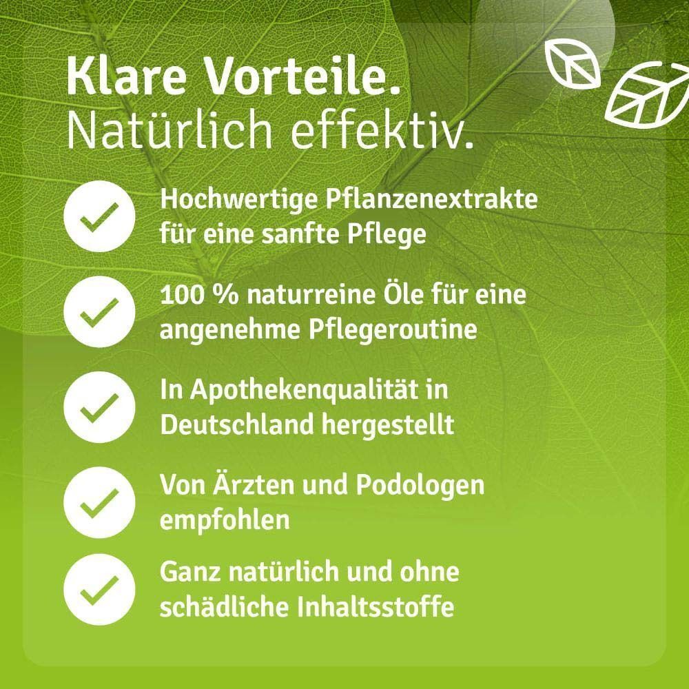Flasche FUSSBAD Konzentrat. Marke: Casida. Aufschrift: Repair & Protect, 100% naturrein. Vorteile: hochwertige Pflanzenextrakte, 100% naturreine Öle, Apothekenqualität.