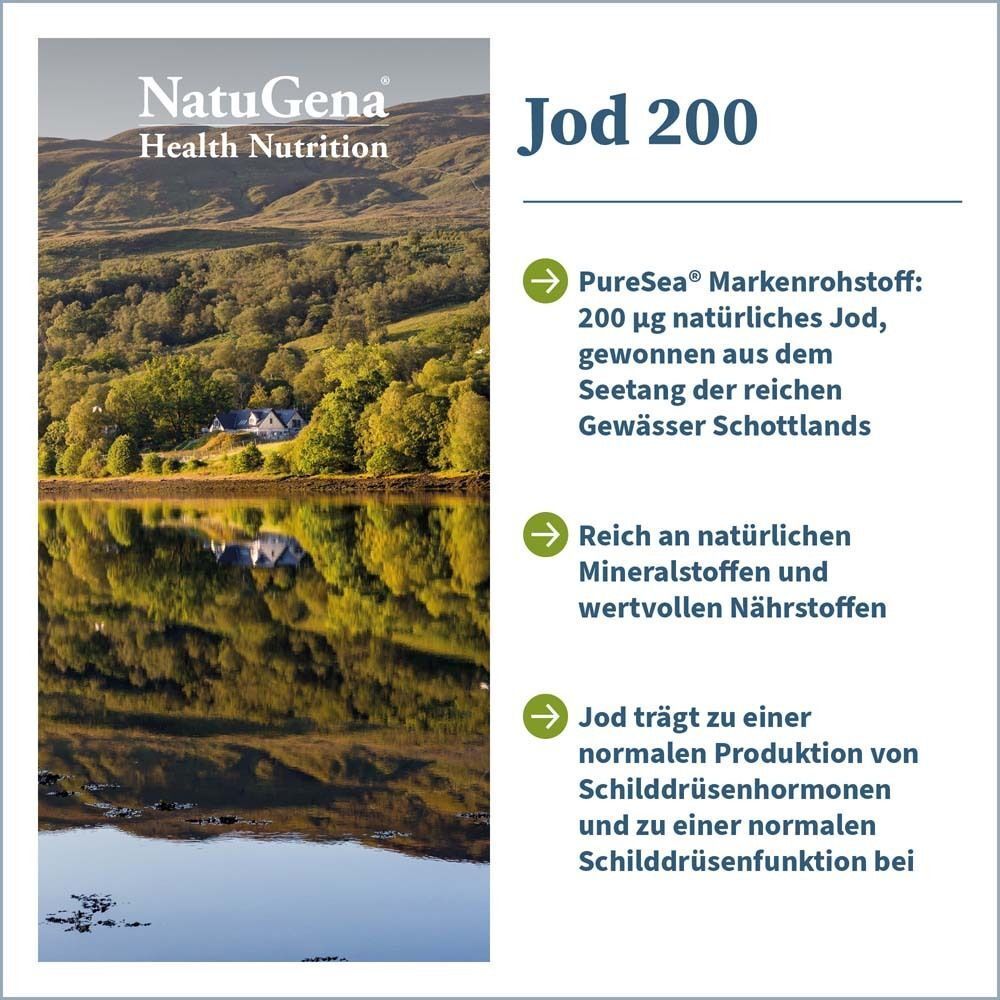 Infografik mit Text und Landschaftsfoto. Text: NatuGena Jod 200. Informationen zu Inhaltsstoffen und Wirkung.