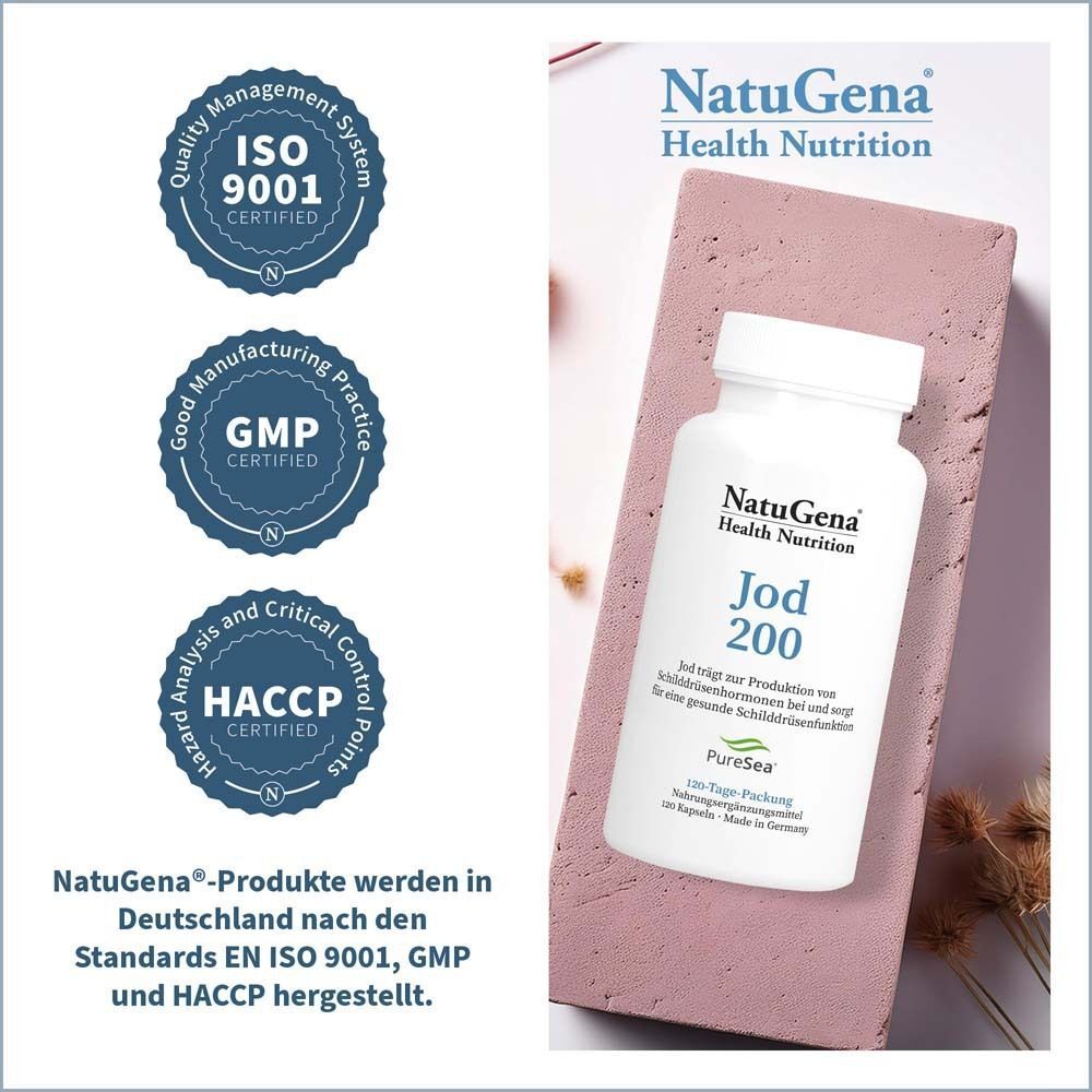 Produktflasche mit Zertifizierungen: ISO 9001, GMP, HACCP. Text: NatuGena-Produkte werden in Deutschland hergestellt.