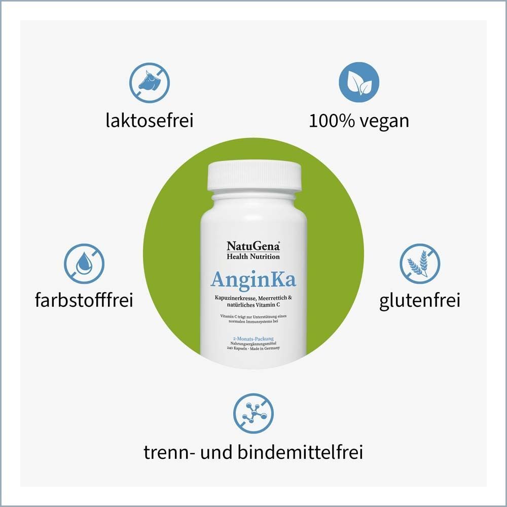 Weiße Flasche mit "AnginKa". Um die Flasche herum Symbole: laktosefrei, vegan, farbstofffrei, glutenfrei, trenn- und bindemittelfrei.