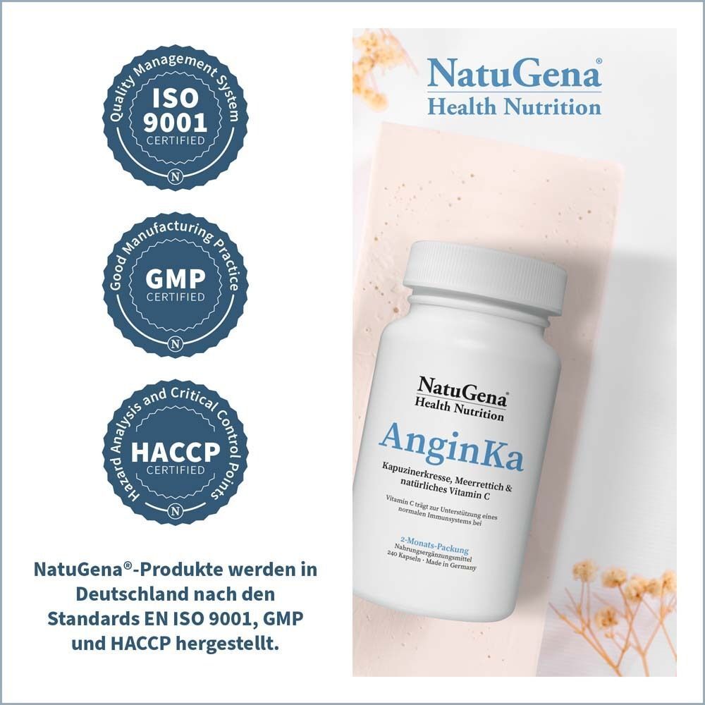 Weiße Flasche mit "AnginKa". Logos: ISO 9001, GMP, HACCP. Text: NatuGena-Produkte werden in Deutschland nach den Standards hergestellt.