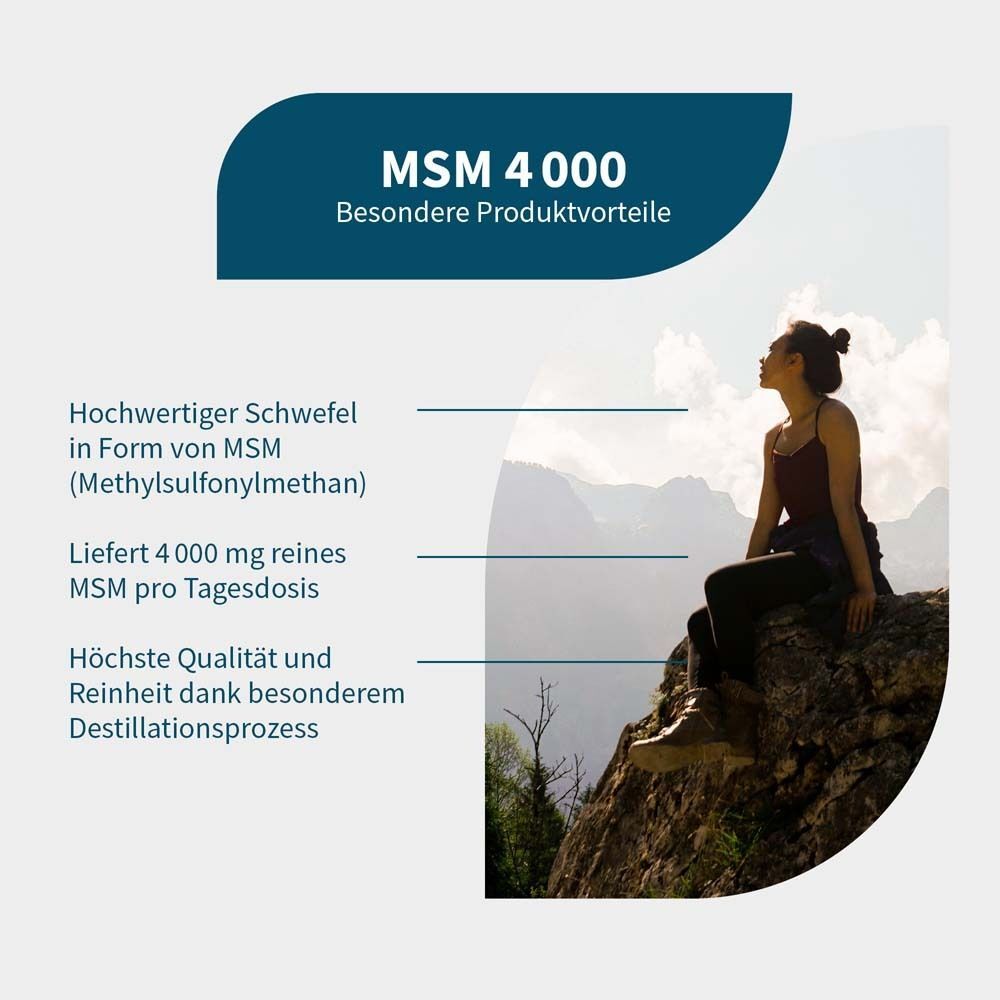 Grafik mit Text: MSM 4000. Vorteile: Hochwertiger Schwefel, 4000 mg MSM, höchste Qualität. Frau auf Berg.