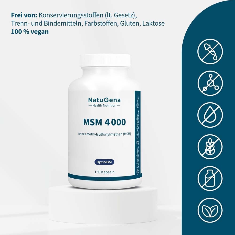 Weiße Flasche mit blauer Beschriftung. Aufschrift: NatuGena MSM 4000. 150 Kapseln. Frei von: Konservierungsstoffen, Gluten, Laktose.