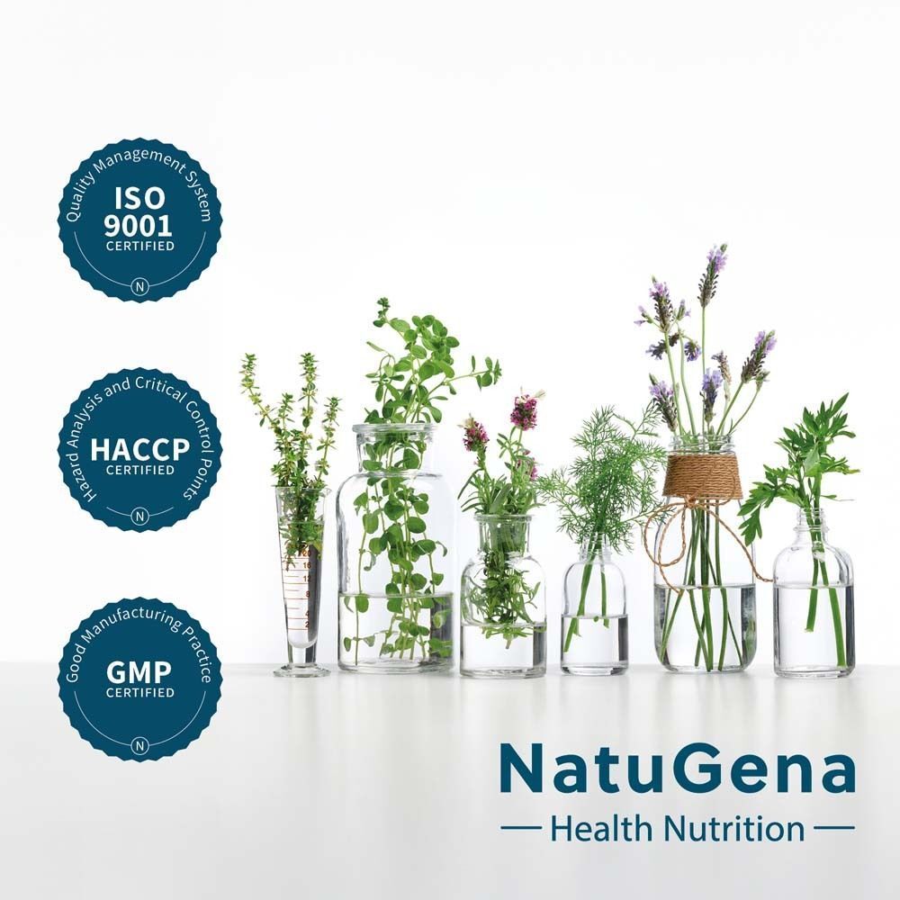 Logo NatuGena - Health Nutrition. ISO 9001, HACCP, GMP Zertifizierungen. Kräuter in Glasvasen.