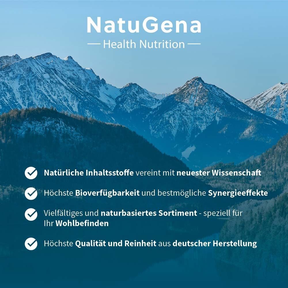 NatuGena - Health Nutrition. Berge im Hintergrund. Vorteile: Natürliche Inhaltsstoffe, höchste Bioverfügbarkeit, Sortiment.