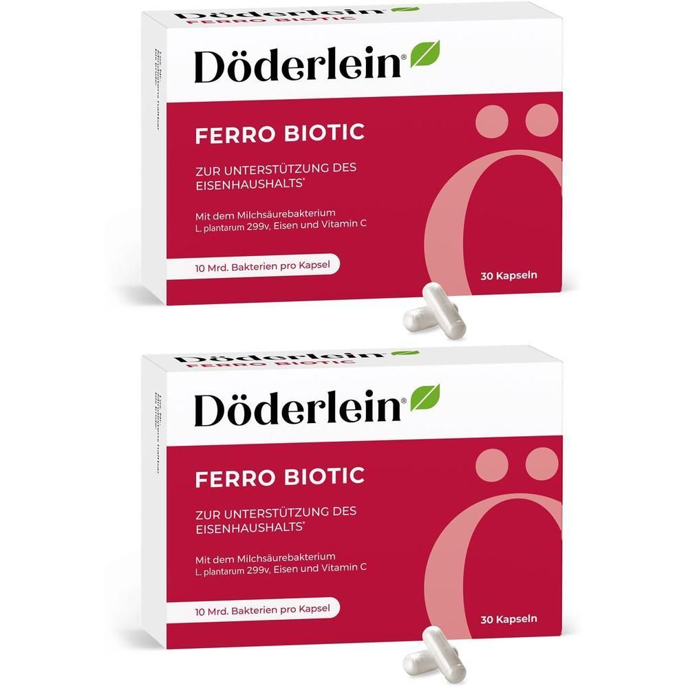 Zwei Packungen Döderlein Ferro Biotic. Weiße Schachteln mit rotem Akzent. Kapseln liegen daneben.