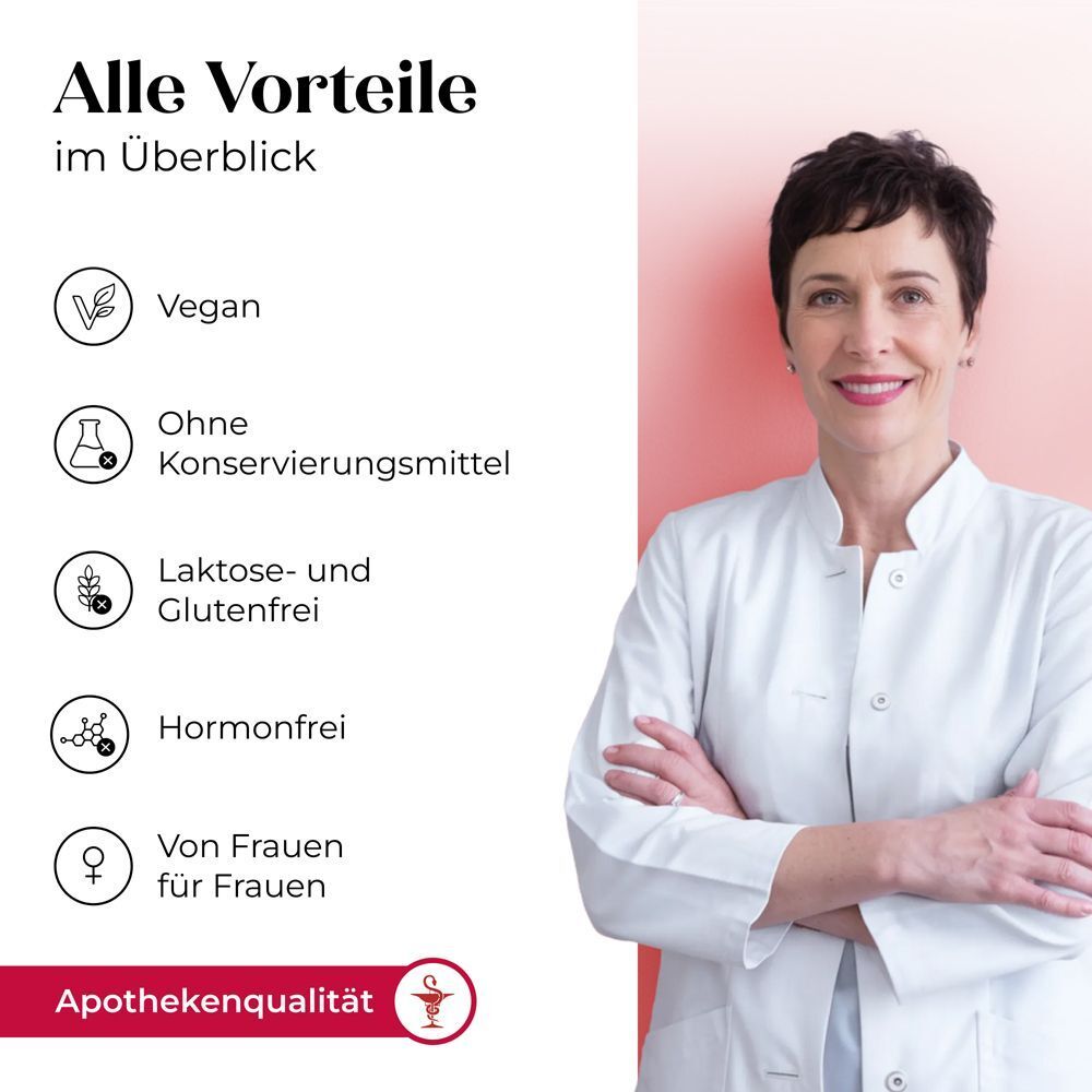 Frau im weißen Kittel. Text: Alle Vorteile im Überblick. Vegan, ohne Konservierungsmittel, laktose- und glutenfrei, hormonfrei.