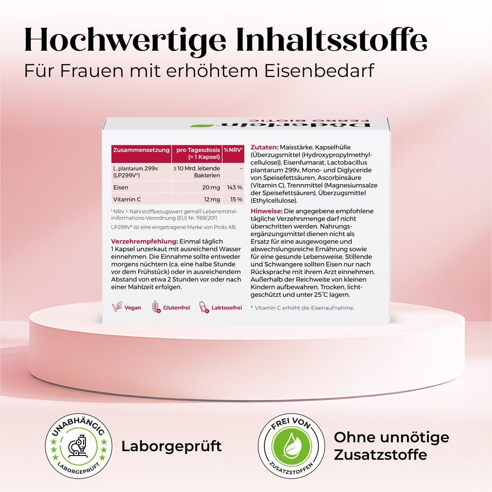 Rückseite der Döderlein Ferro Biotic Packung. Text: Hochwertige Inhaltsstoffe. Zutaten, Verzehrempfehlung, Hinweise.