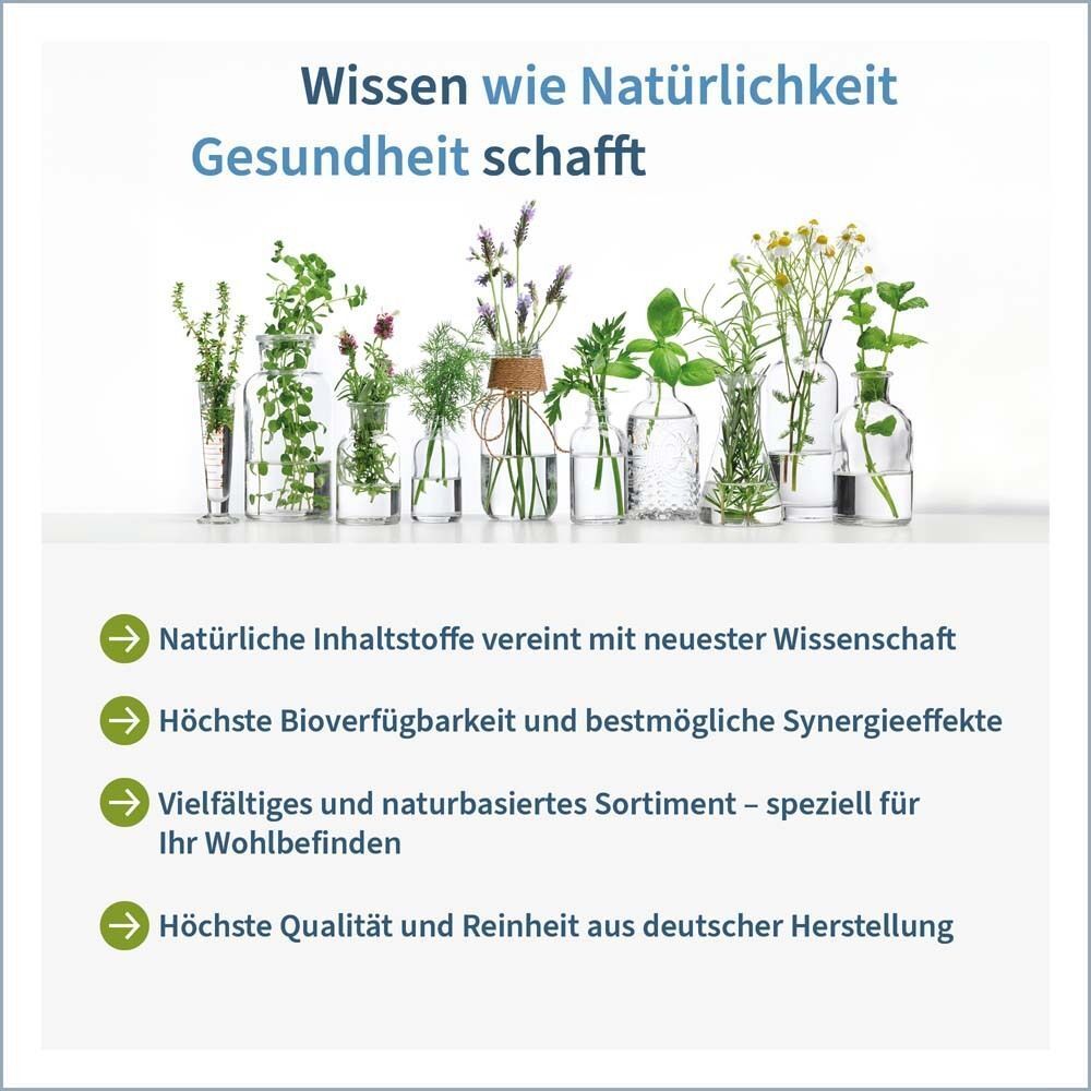 Infografik mit Text und Bildern. Wissen wie Natürlichkeit Gesundheit schafft. Zeigt verschiedene Pflanzen in Glasbehältern.