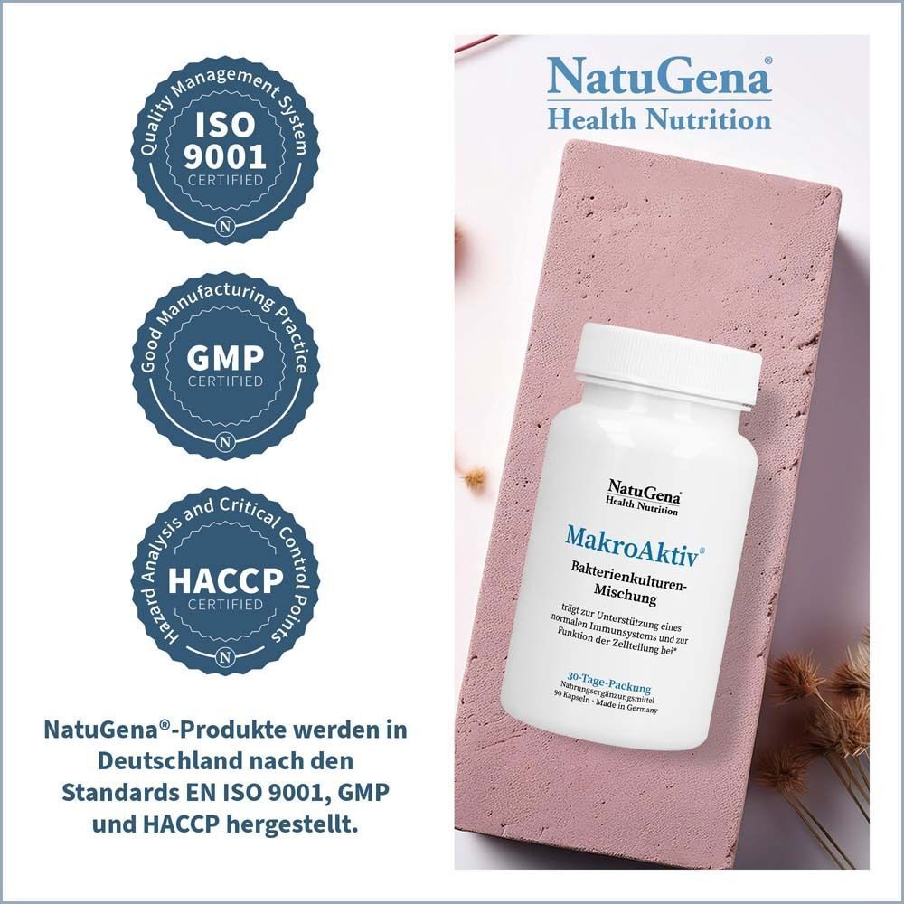 Produktabbildung mit Zertifizierungen. ISO 9001, GMP, HACCP. Text: NatuGena-Produkte werden in Deutschland nach den Standards EN ISO 9001, GMP und HACCP hergestellt.