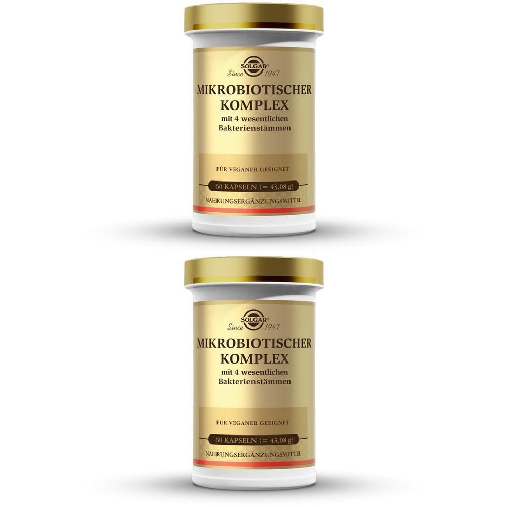 Zwei Flaschen SOLGAR® Mikrobiotischer Komplex. Goldfarbener Deckel, weißer Behälter mit Etikett. Text: Mikrobiotischer Komplex.
