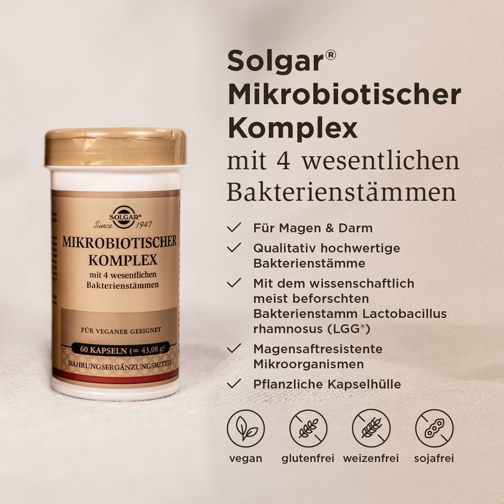 SOLGAR® Mikrobiotischer Komplex Flasche. Goldener Deckel, weißer Behälter. Text: Mikrobiotischer Komplex, 4 Bakterienstämme. Vegan, glutenfrei, weizenfrei, sojafrei.