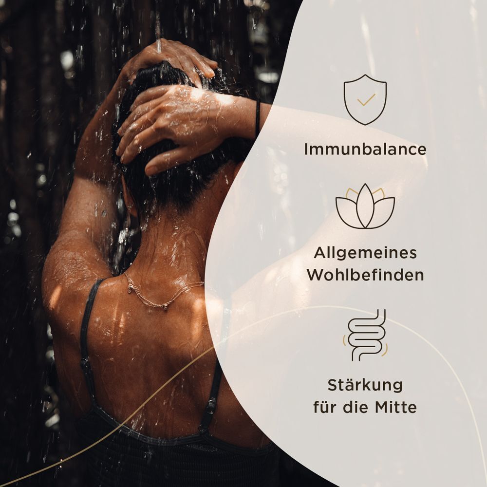 Person unter der Dusche. Grafiken: Immungesundheit, allgemeines Wohlbefinden, Stärkung für die Mitte.
