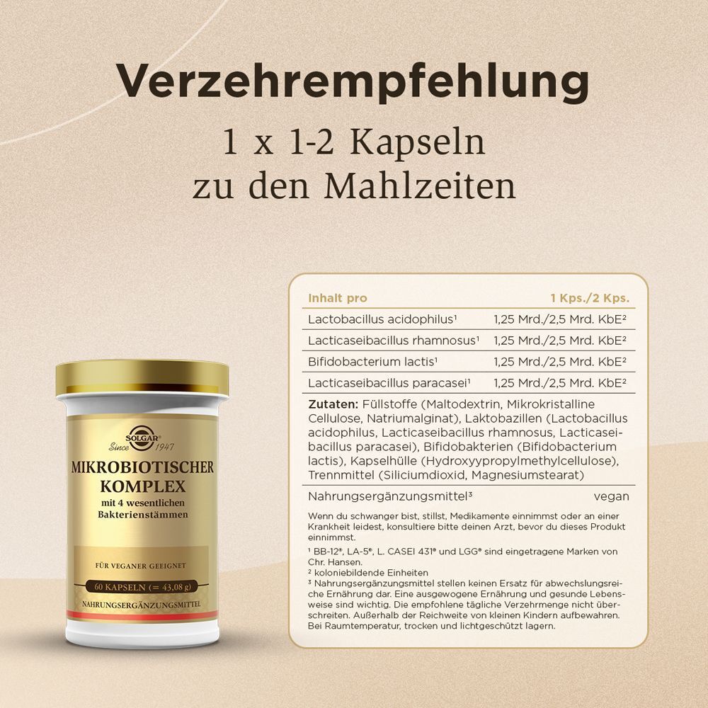 SOLGAR® Mikrobiotischer Komplex Flasche. Text: 60 Kapseln. Verzehrempfehlung: 1-2 Kapseln zu den Mahlzeiten. Inhaltsstofftabelle.