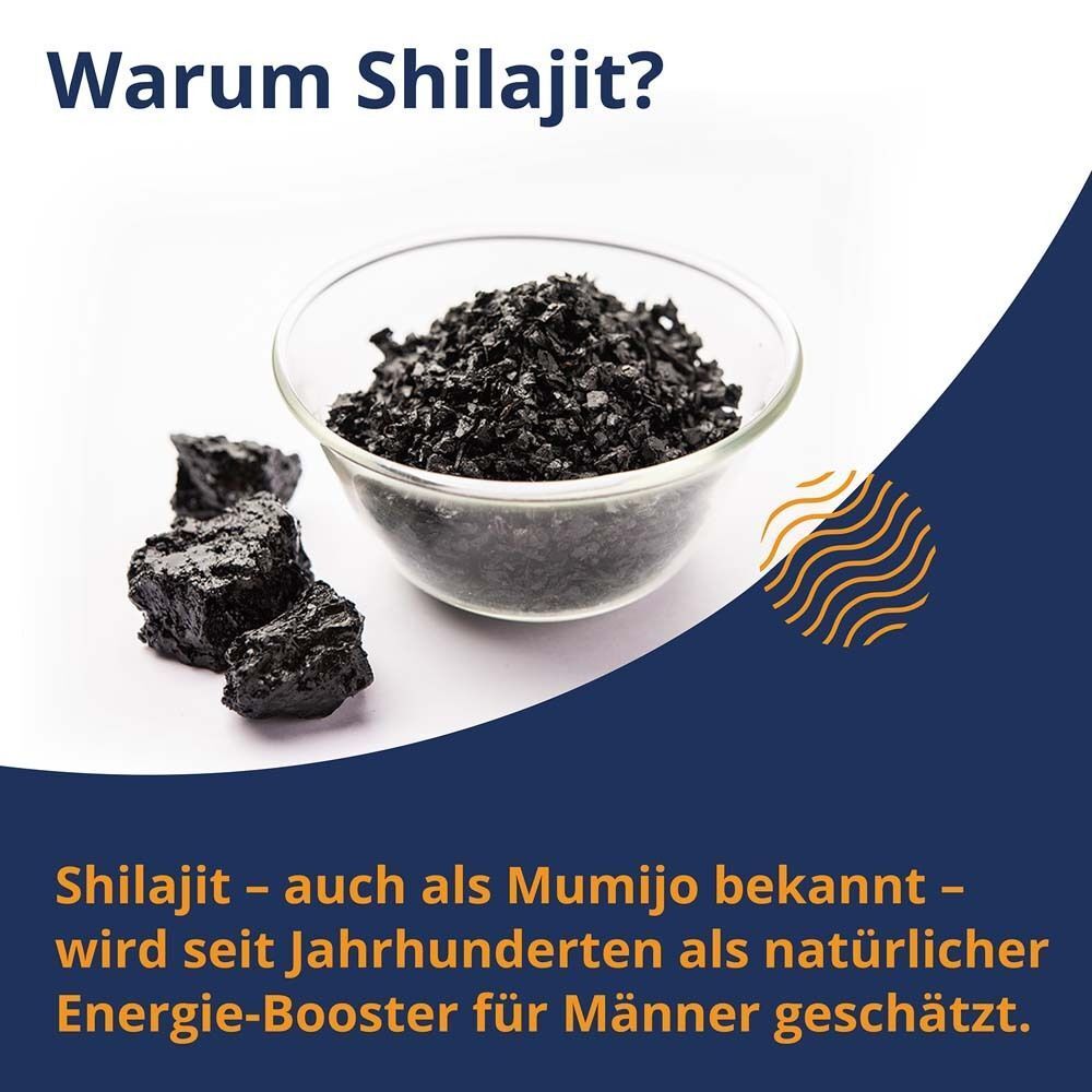 Schwarzes Shilajit in Schale. Text: Warum Shilajit? Shilajit als natürlicher Energie-Booster für Männer.