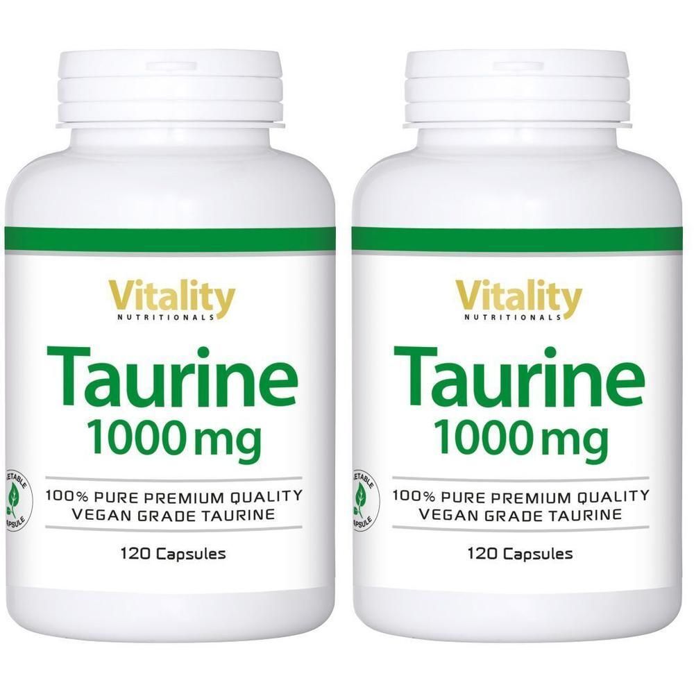 Zwei weiße Flaschen mit grünem Etikett. Aufschrift: Vitality Taurine 1000 mg. 120 Kapseln. Vegan.