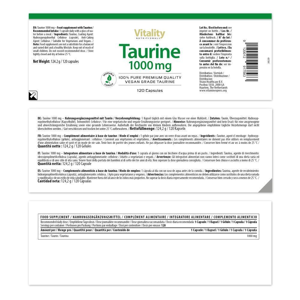 Etikett einer weißen Flasche. Aufschrift: Vitality Taurine 1000 mg. 120 Kapseln. Vegan. Text in mehreren Sprachen.