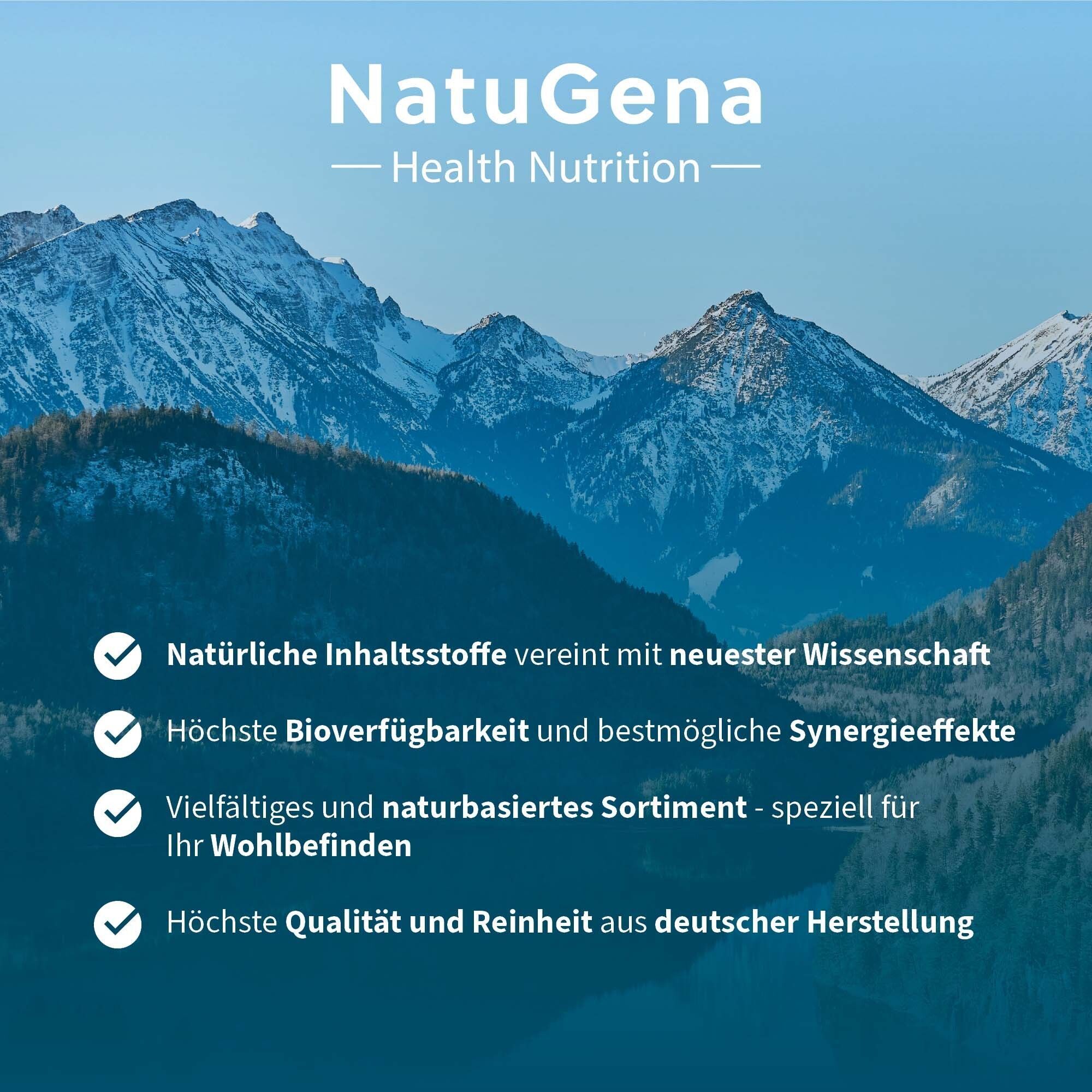 Landschaft mit Bergen. Text: Natürliche Inhaltsstoffe, höchste Bioverfügbarkeit, vielfältiges Sortiment, höchste Qualität. Marke: NatuGena.