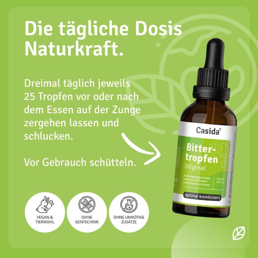 Eine braune Glasflasche mit schwarzem Tropfaufsatz. Auf dem Etikett steht "Casida Bitter-Tropfen Original". Text mit Anweisungen.