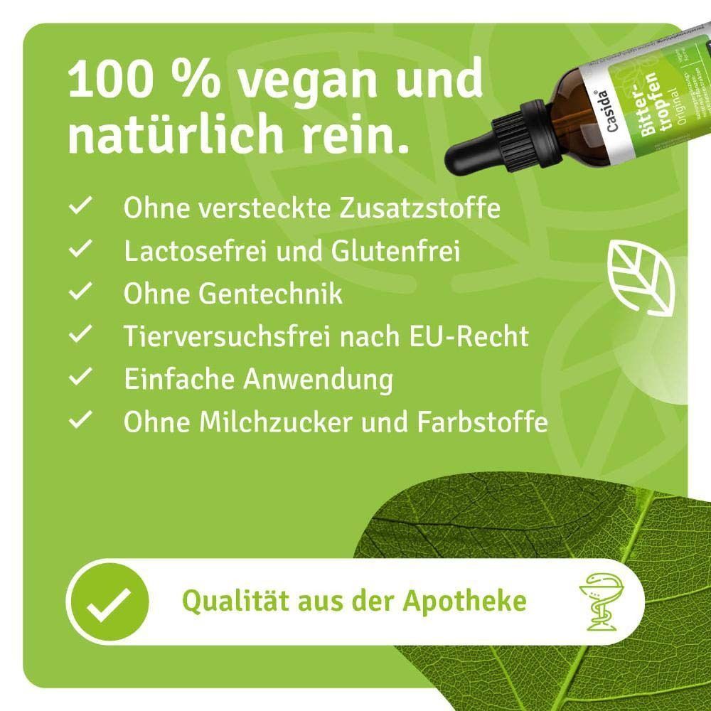 Braune Glasflasche mit schwarzem Tropfaufsatz. Auf dem Etikett steht "Casida Bitter-Tropfen Original". Text mit Inhaltsstoffen.