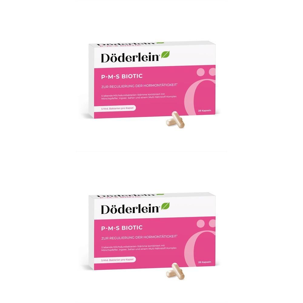 Zwei Schachteln Döderlein P-M-S Biotic. Weiße Schachteln mit rosa Akzenten und Kapseln.