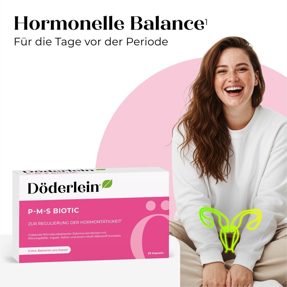 Frau lächelt. Döderlein P-M-S Biotic-Schachtel. Text: Hormonelle Balance, Für die Tage vor der Periode.